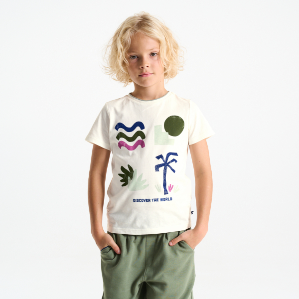 تي شيرت بأكمام قصيرة بنقوش أبيض للأولاد